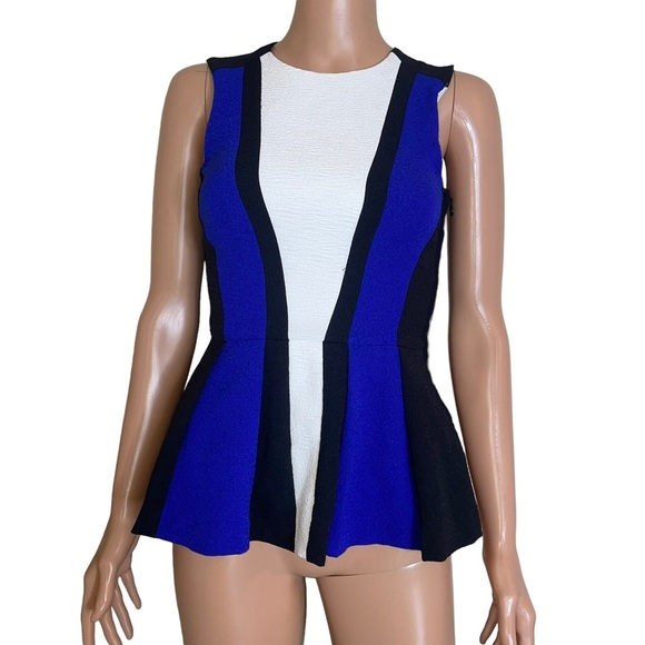 H&M Blue Black White Open Back Peplum Top Side Zip SZ 2 - Picture 2 of 9